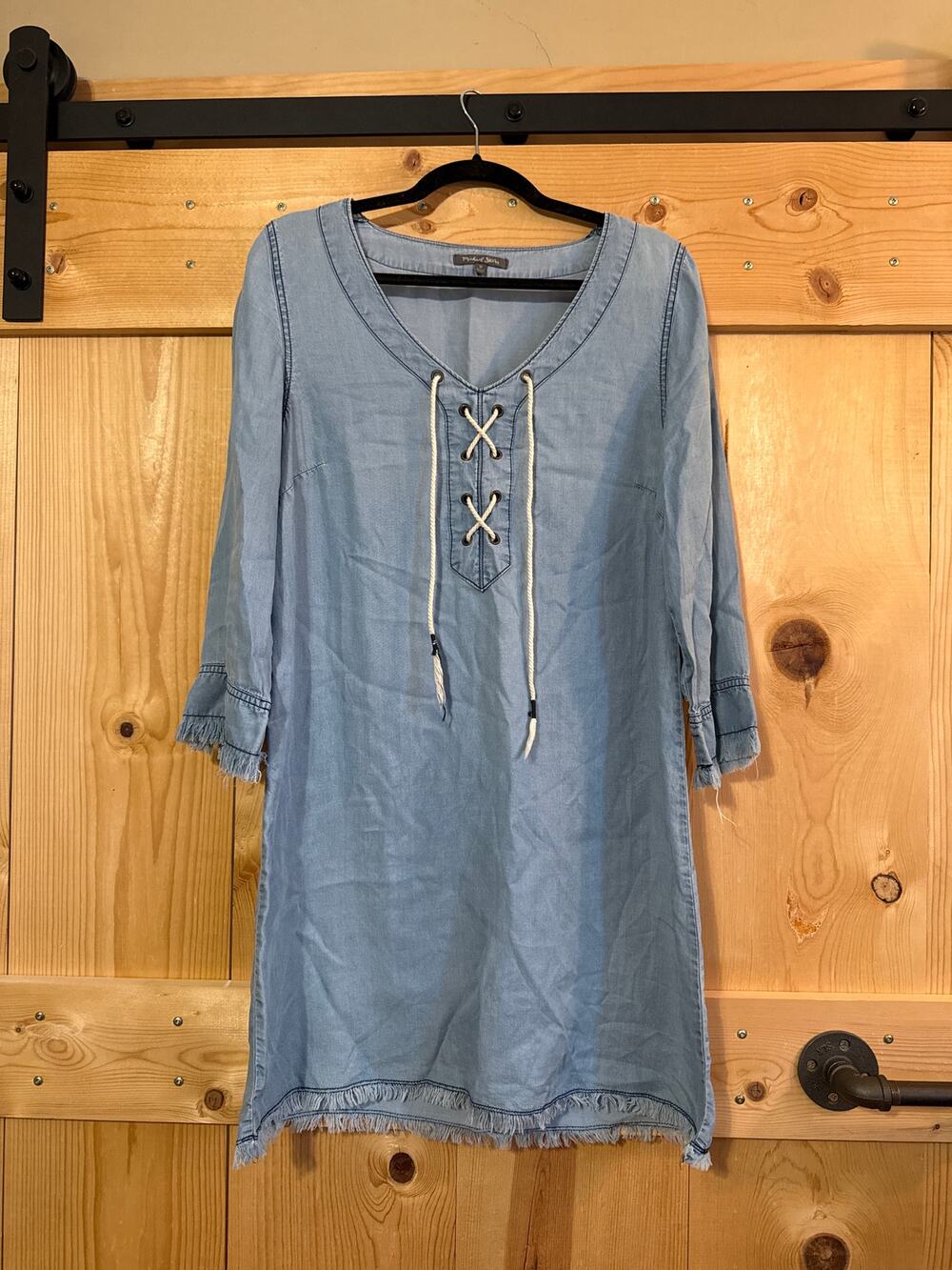 Michael Stars Tunic Dress Sz M Blue Chambray Denim Raw Fringe Hem 3/4 Sleeve
